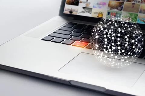 Global network and payment button on laptop, shopping online concept Stock Photos