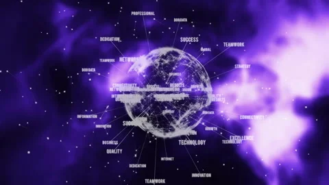 Global network and technology keywords animation over glowing purple planet Stock-Footage 304256216