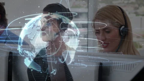 Global network animation over diverse customer service representatives at work Stock Footage 304644395