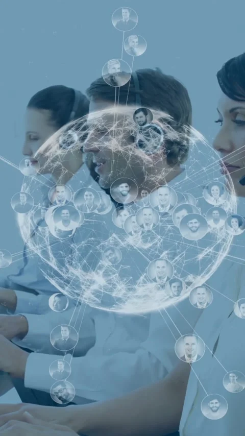 Global network animation over diverse customer service representatives working Stock Footage 342954464