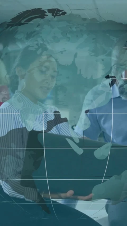 Global network animation over diverse colleagues collaborating in modern office Stock Footage 344403833