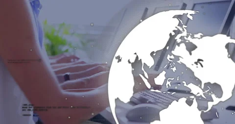 Global network being animated with typing keyboards, faint code snippets and Stock Footage 308654444