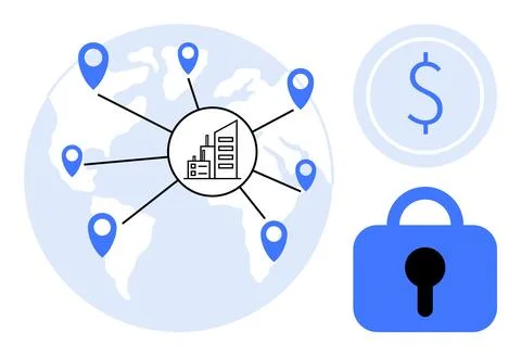 Global Network with Business Connectivity Security and Finance Elements Stock Illustration