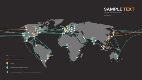 Global network cable connections and information transfer system world map 库存插图