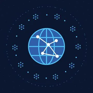 Global network concept with blue globe, connected nodes and dotted circle on Stock Illustration