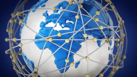 Global network concept with dots connecting intersection points. 3D illustrat Stock Illustration