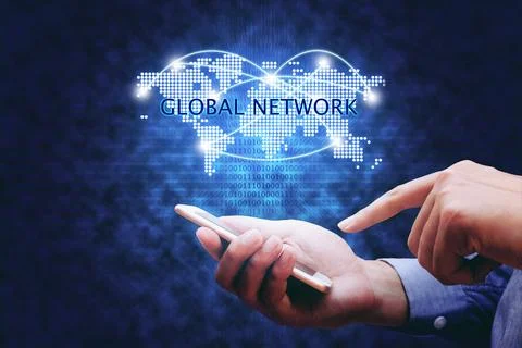 Global network concept, hand man holding mobile phone and virtual map and n.. Stock Photos