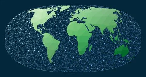 Global network concept. Hyperelliptical projection. Green low poly world ma.. Stock Photos