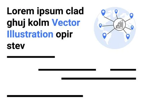 Global Network Concept with Map, Location Pointers, and Office Building Icon Illustrazione stock