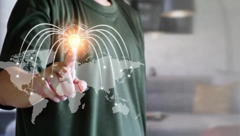 Global network concept. Person having business ideas with global network, b.. Stock Photos