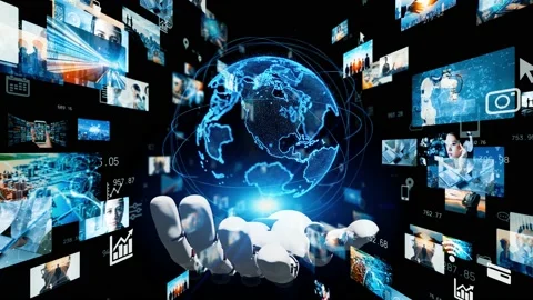 Global network concept. Robot hand holding hologram of planet earth and screens. Stock Footage 145918555