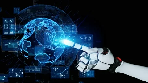 Global network concept. Robot hand pointing hologram of planet earth. 3D CG Stock Footage 145918567