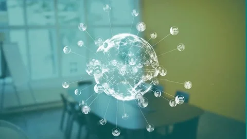 Global network of connected profiles animation over office conference room Stock Footage 330172748