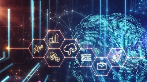 Global network connecting business data, fintech, and cybersecurity Stock Footage 335890107