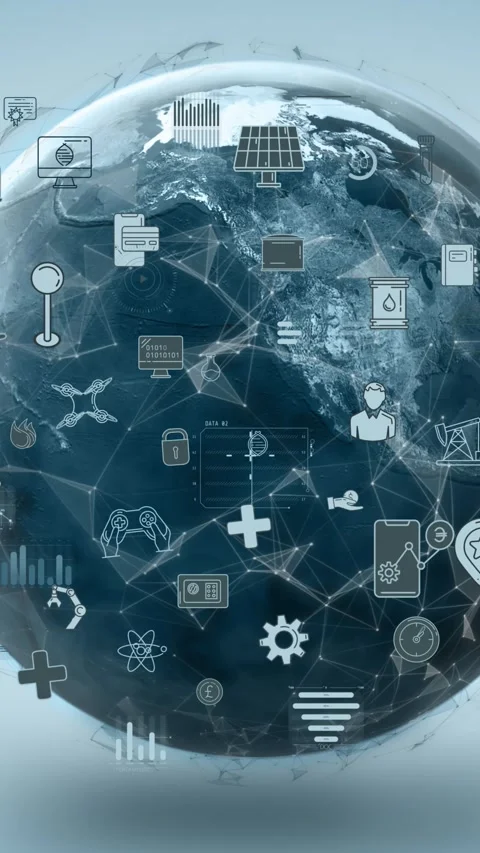 Global network connecting business, technology, and environmental icons Stock Footage 345667348