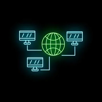 Global network connecting desktop computers neon icon Stock Illustration