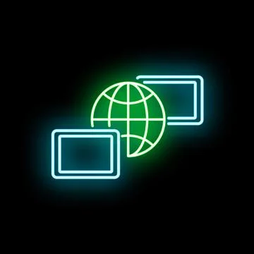 Global network connecting digital screens neon icon Illustrazione stock