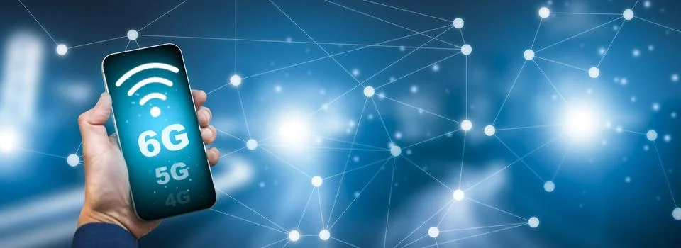 Global network connection 6G concept, Hand hold Smartphone with connection 6G Stock Photos