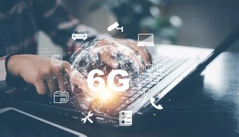 Global network connection 6G on hand woman.Global network connection 6G with  Stock Photos