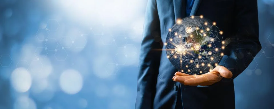 Global network connection and high technology, businessman holding glob ear.. Stock Photos
