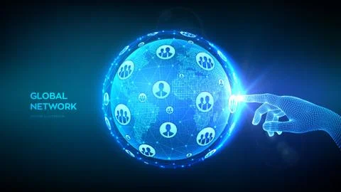 Global network connection. Concept of global business. Hand touching Earth gl Stock Illustration