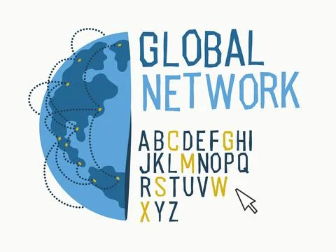Global network connection concept template. World map, yellow points and line Stock Illustration