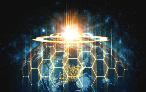 Global network connection covering the earth with lines of innovative perception Stock Illustration