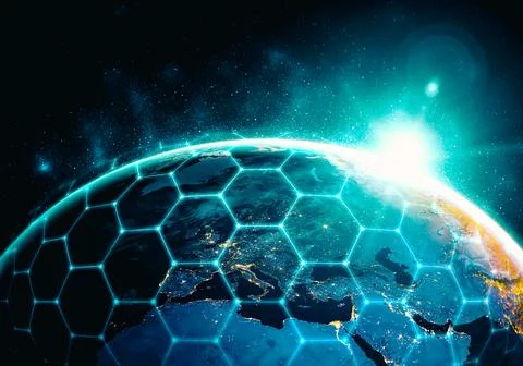 Global network connection covering the earth with lines of innovative perception Stock Illustration