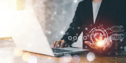 Global network connection, Social network communication. Businessman hand h.. Stock Photos