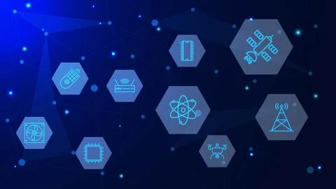 Global network connection with technology icons. Illustrazione stock