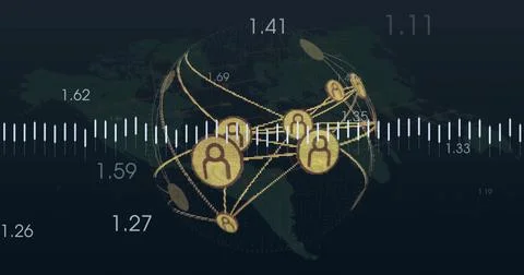 Global network connections and data visualization image over world map Illustrazione stock