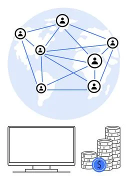 Global Network Connections with Computer Screen and Stack of Coins Illustra.. Stock Illustration