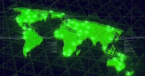 Global network connections image over world map with green nodes Illustrazione stock