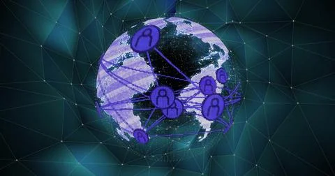 Global network connections image over digital globe with user icons 写真素材