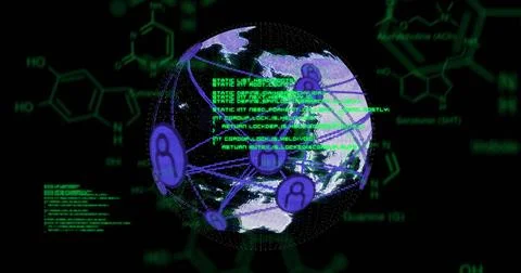 Global network connections image over chemical formulas and data processing Stock Photos