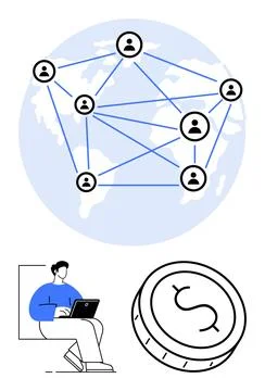 Global Network Connections with Remote Work and Currency Linking People Wor.. Stock Illustration