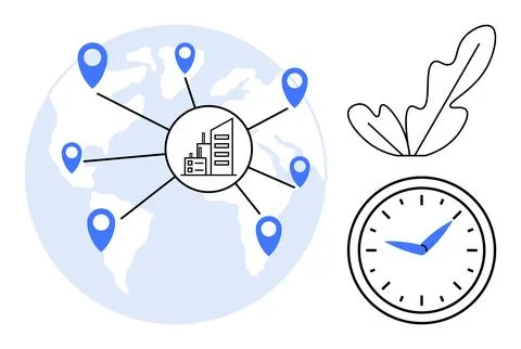 Global Network Connectivity and Time Management Represented by World Map wi.. Illustrazione stock
