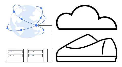 Global Network Connectivity with Cloud Storage and Electronic Data Servers Illustrazione stock