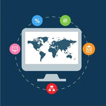 Global network data rogether around pc business simple illustration vector イラスト素材