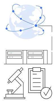Global Network with Data Servers and Scientific Research Elements Illustrazione stock
