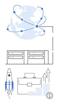 Global network with data servers below. Business briefcase, rocket, graph, do Stock Illustration