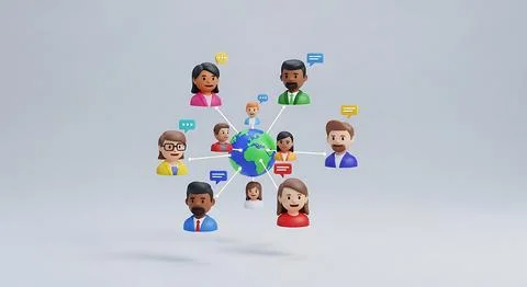 Global network of diverse people connected to earth globe with speech bubbl.. Stock Illustration