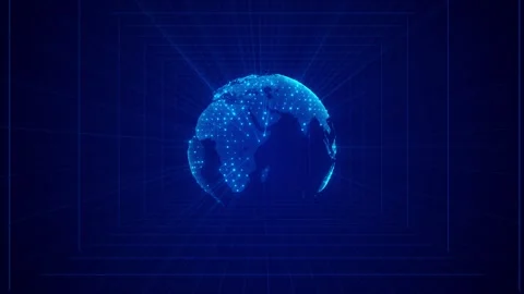 Global network Earth background blue grid tunnel, glowing map points, futuristic Stock Footage 340402200