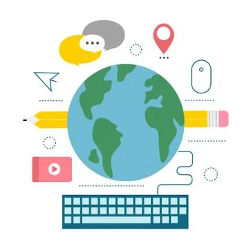 Global network. Flat vector illustration with planet, computer keyboard and 스톡 일러스트