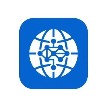 Global network globe icon in blue with central circuit nodes for worldwide .. Stock Illustration