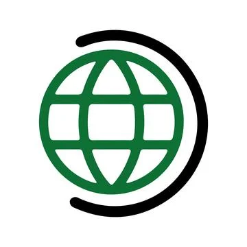 Global Network Icon. Green grid globe with a black crescent Stock Illustration