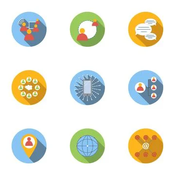 Global network icons set, flat style Stock Illustration