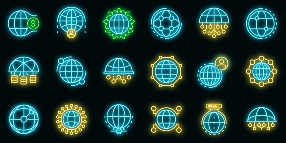 Global network icons set vector neon Illustrazione stock