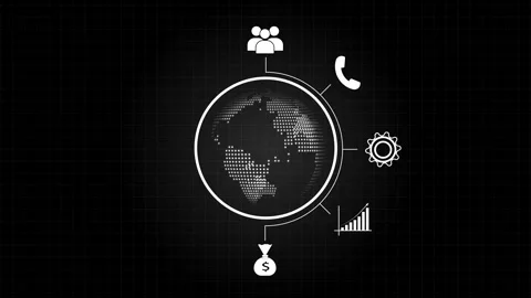 Global network infrastructure lines overlay 3D continental globes on charts.. Stock Footage 340998829