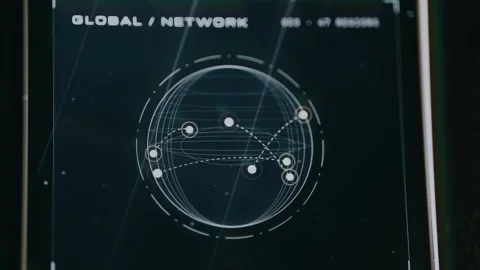 Global Network interface displaying a orbital map visualization with Stock Footage 333840262